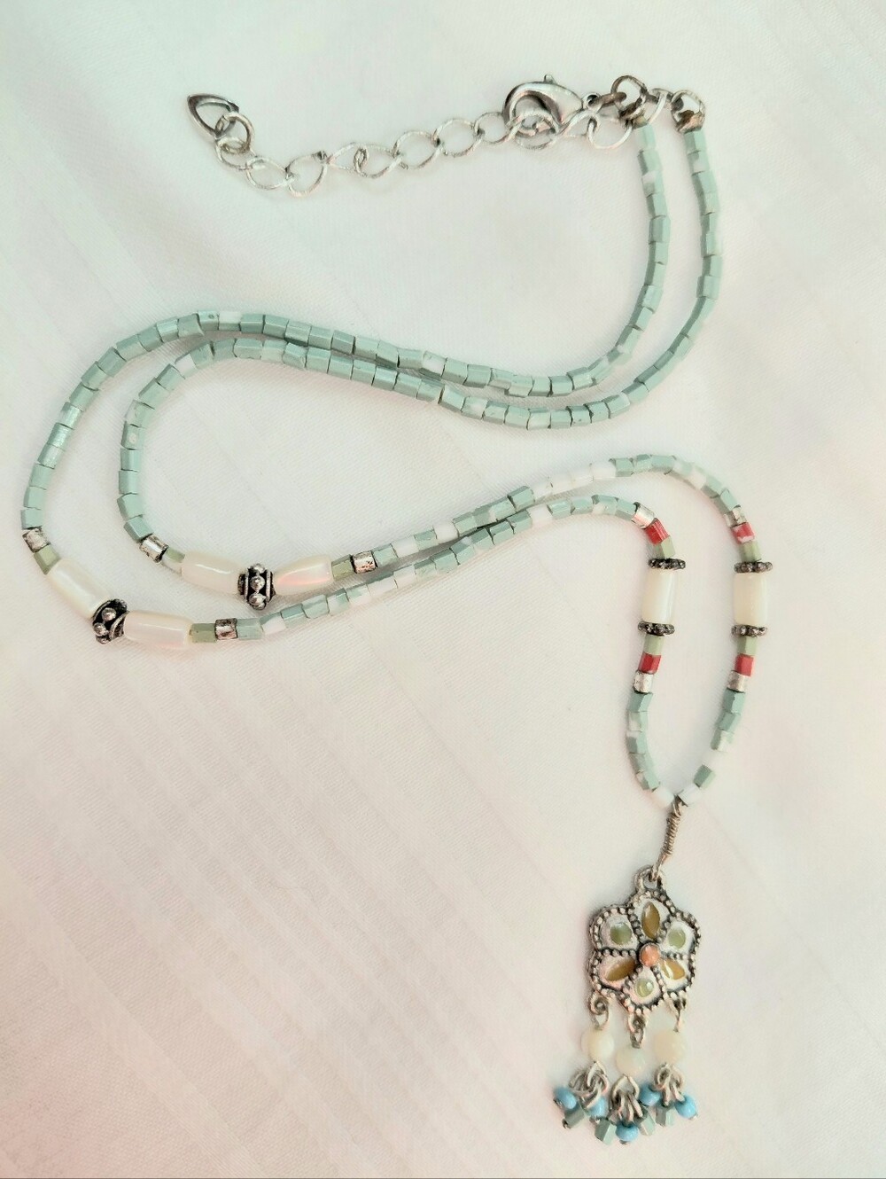 Vintage Silver Flower Sea Shell Necklace